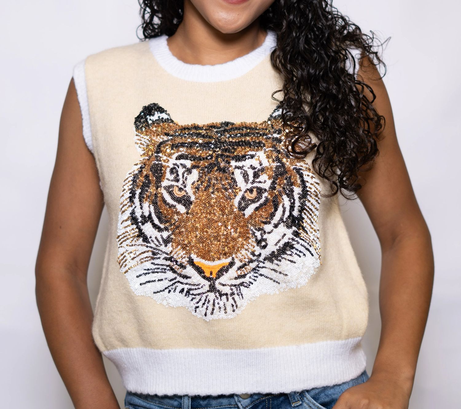 Sequin Tiger Sleeveless Sweater Tank