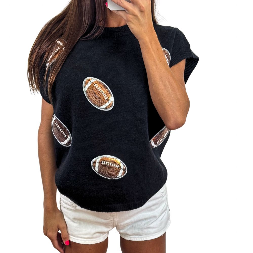 Black Sequin Football Sleeveless Sweater Top