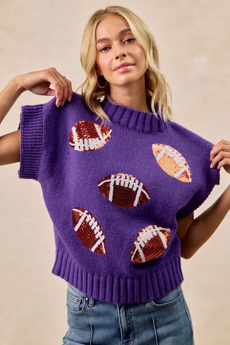 Mock Neck Sequin Football Sweater Top