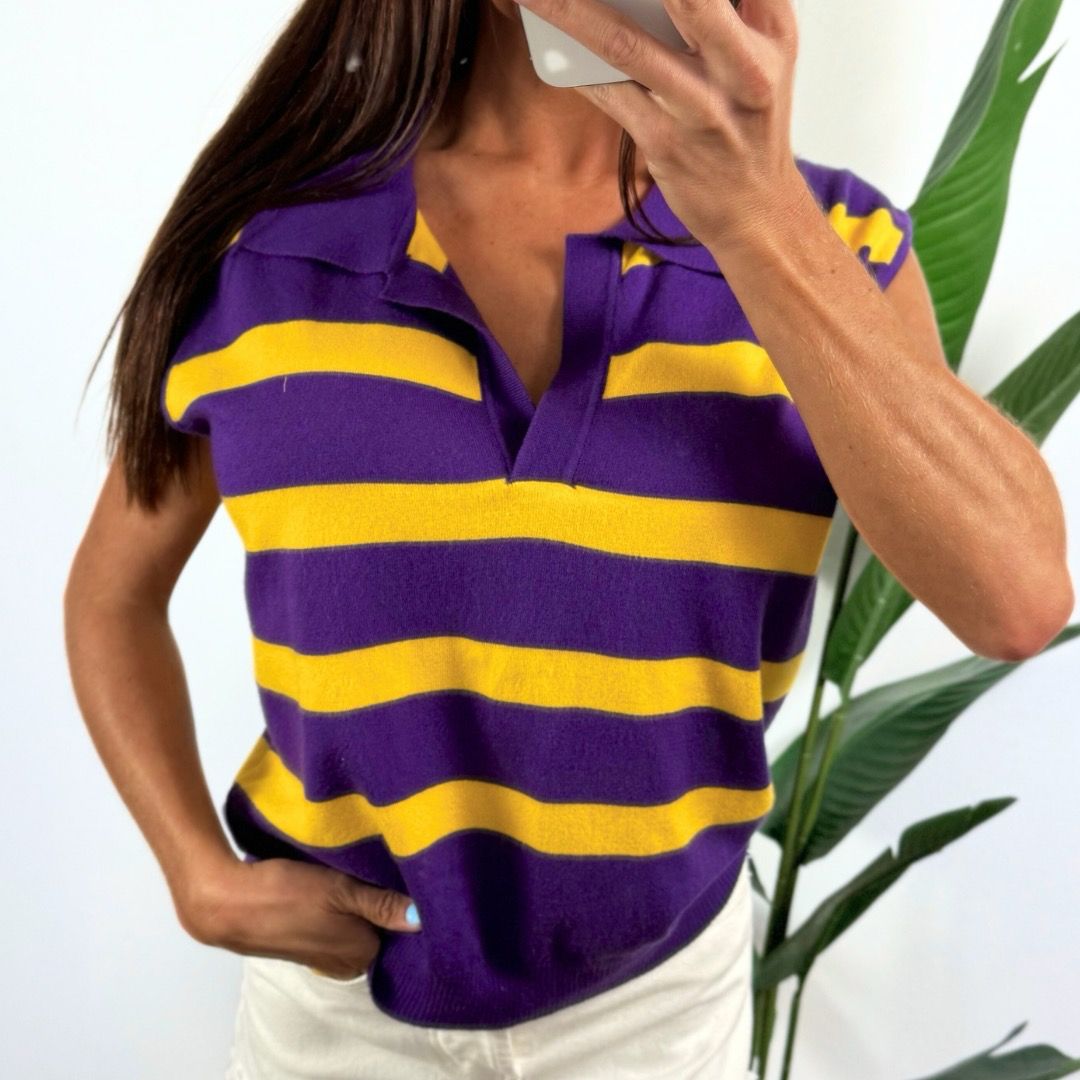 Purple &amp; Gold Striped Sleeveless Polo