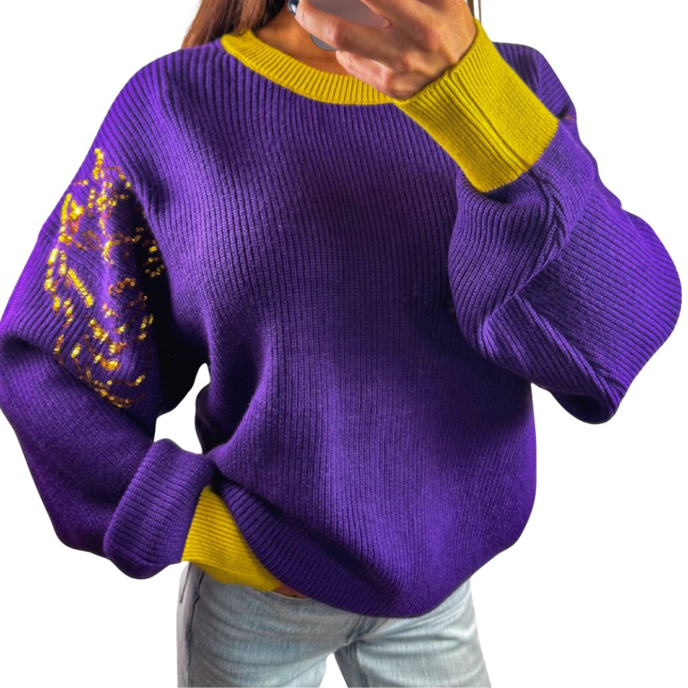 Purple and Gold Sequin Tiger Sweater