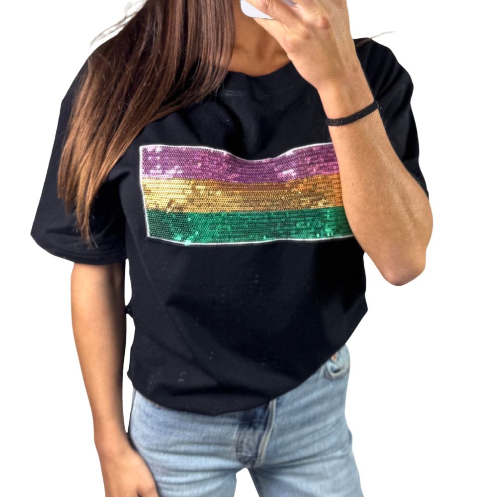 Mardi Gras Sequin Color Block Short Sleeve Stripe Top