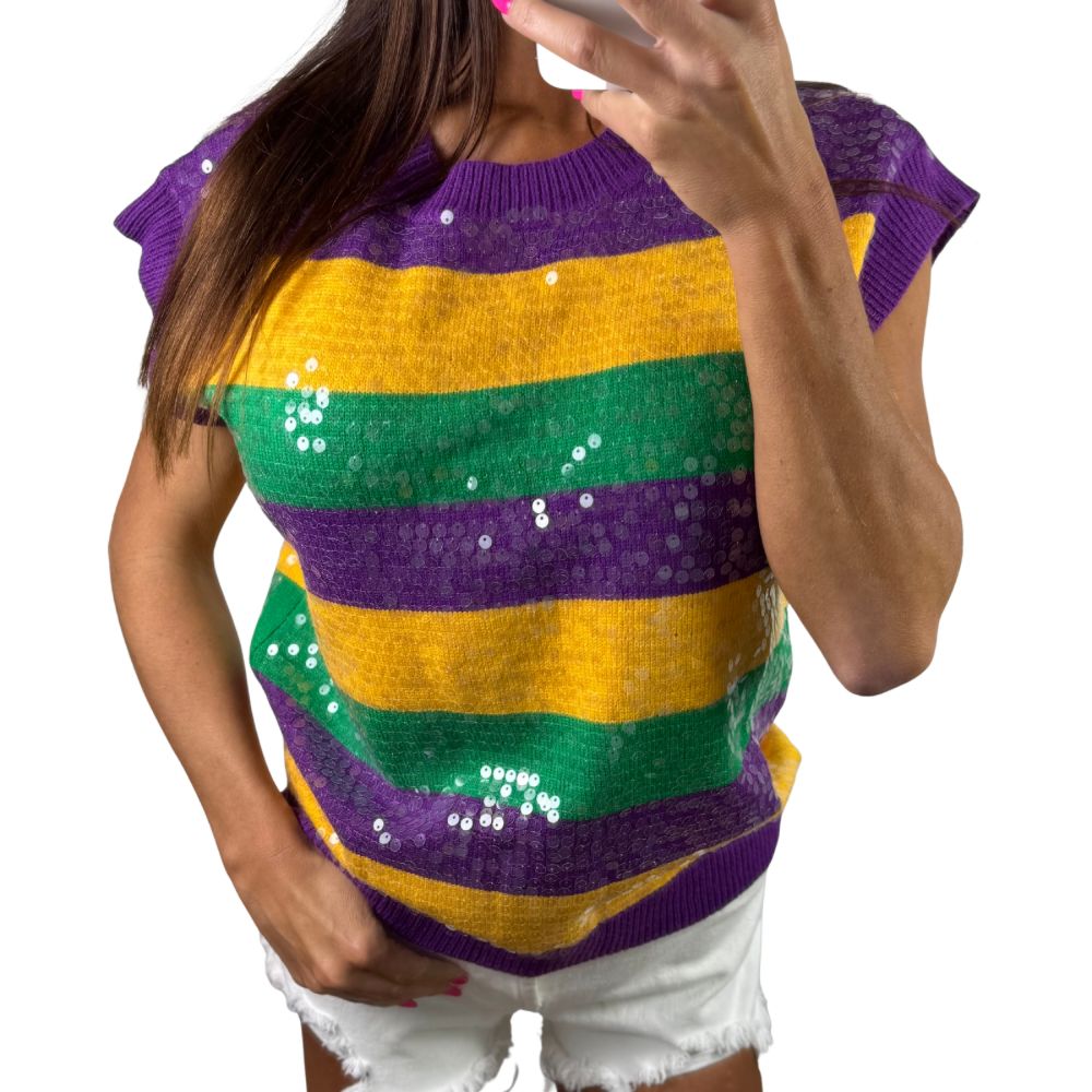 Mardi Gras Sequined Stripe Sleeveless Sweater