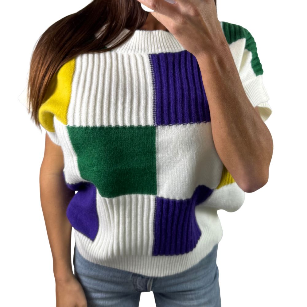 Mardi Gras Color Block Checkered Sweater Top
