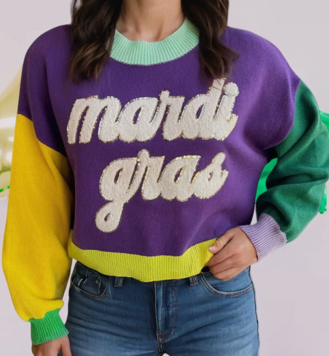 Mardi Gras Chenille Patch Sweater