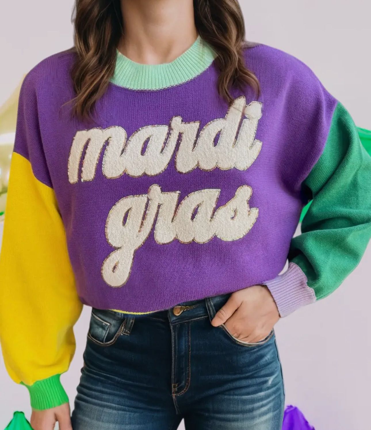 Mardi Gras Chenille Patch Sweater