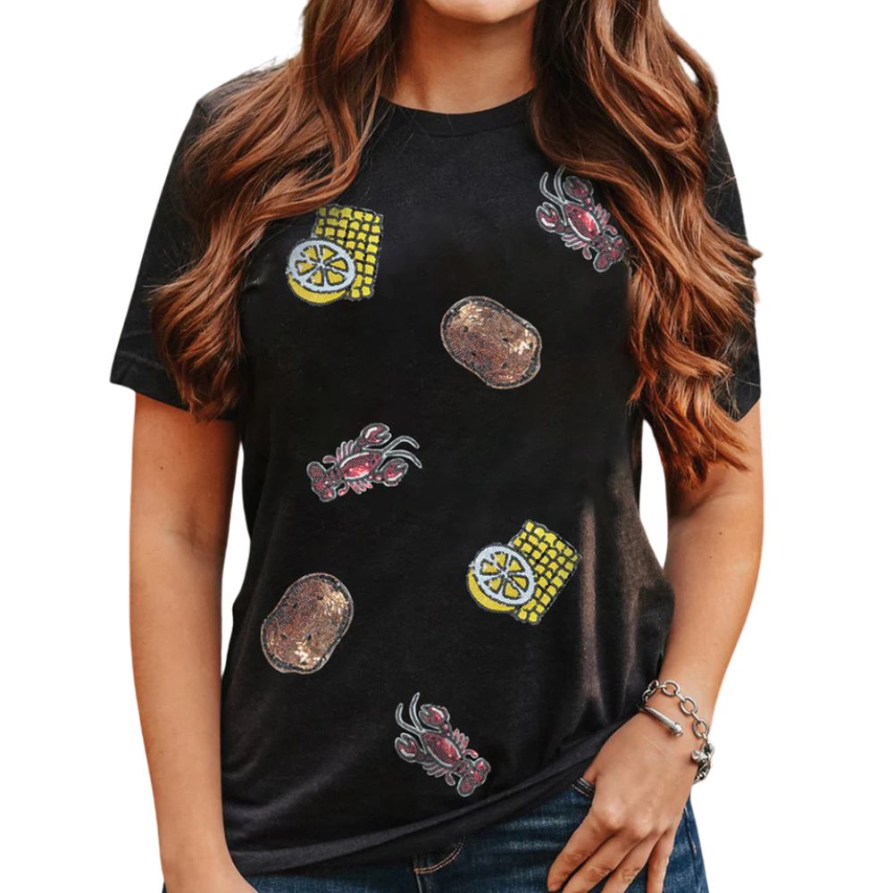 Sequin Crawfish Boil Tee - Black