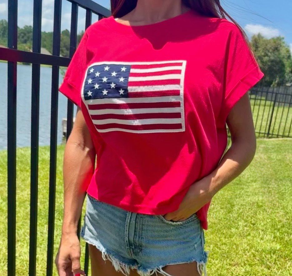 American Flag Boxy Crop - Red