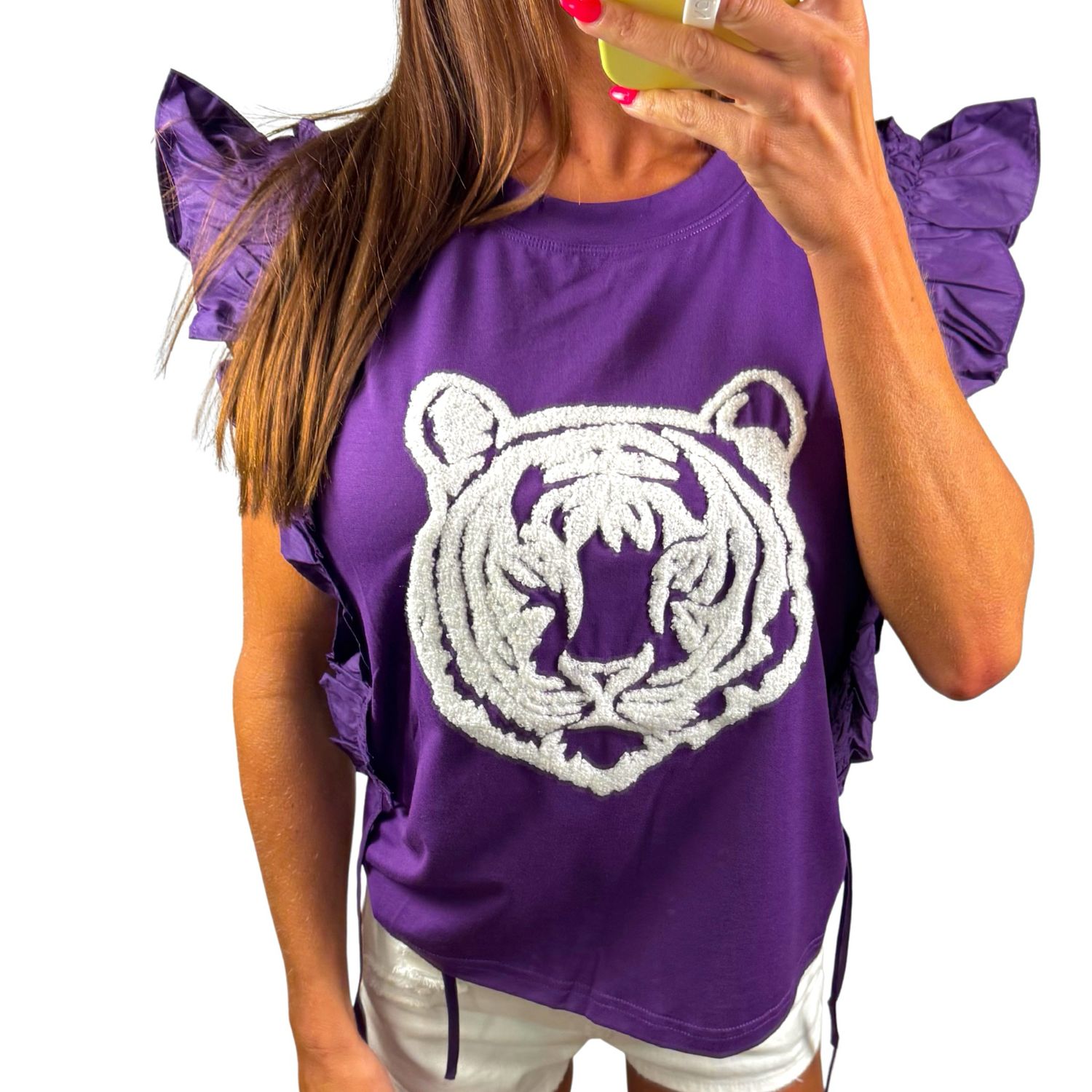 Purple &amp; White Textured Tiger Ruffle Top