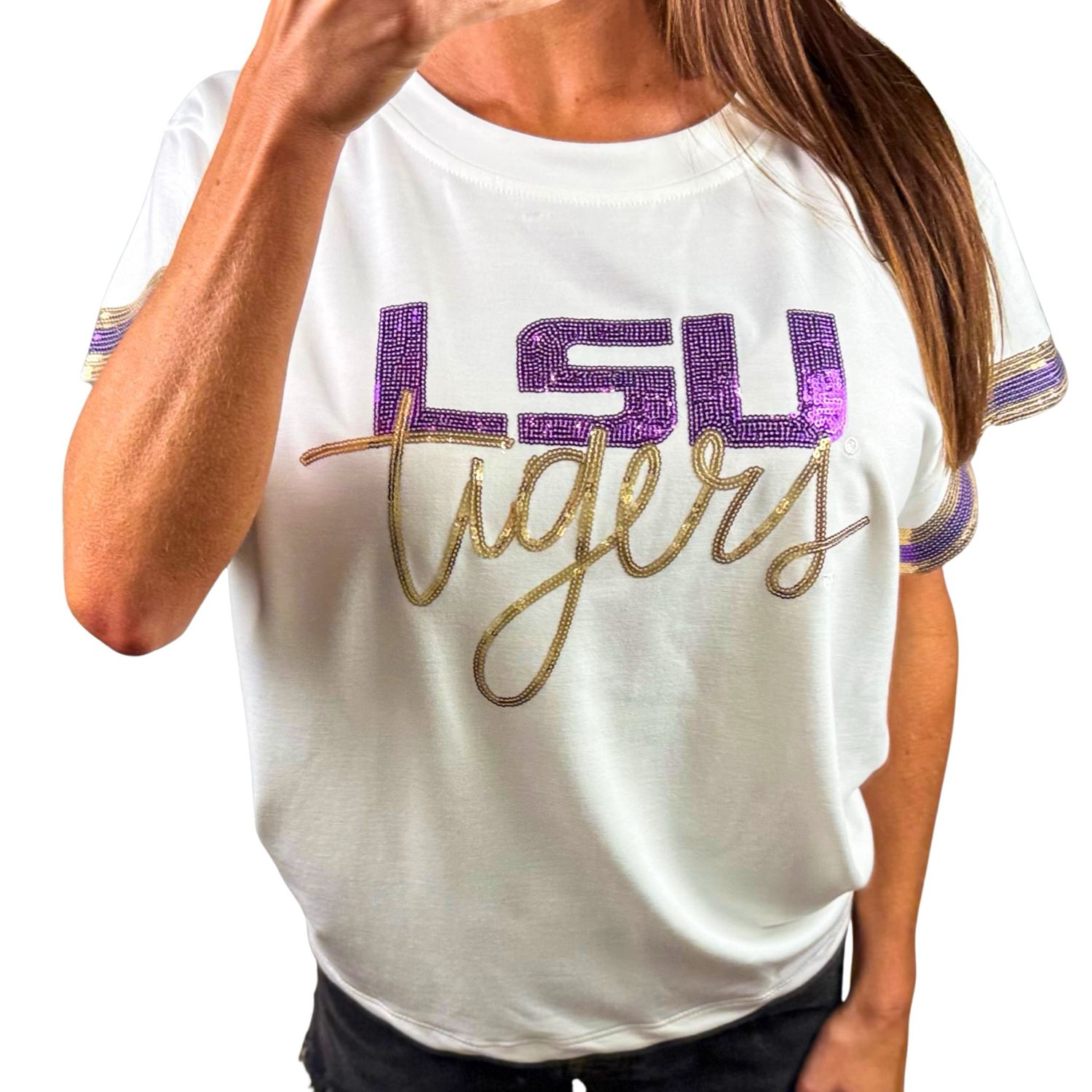 Geaux Tigers Script Sequined Top