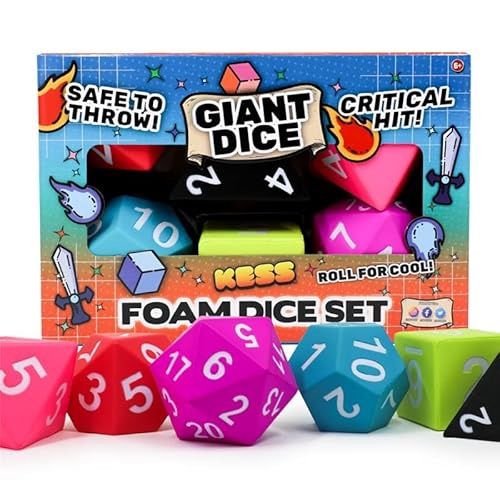 Big Box Combo Set of Six Jumbo Foam Dice: One Each of D20, D12, D10, D8, D6, and D4 Dice in Assorted Vibrant Colors