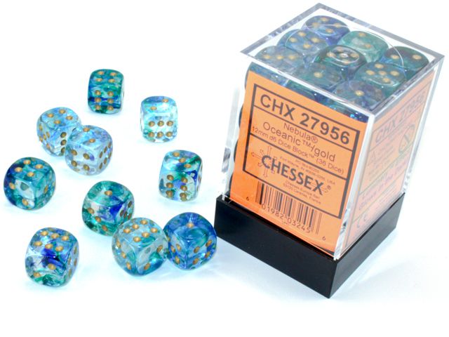 Chessex Nebula 16mm d6 Oceanic/Gold w/Luminary Dice Block (12 dice), Blue