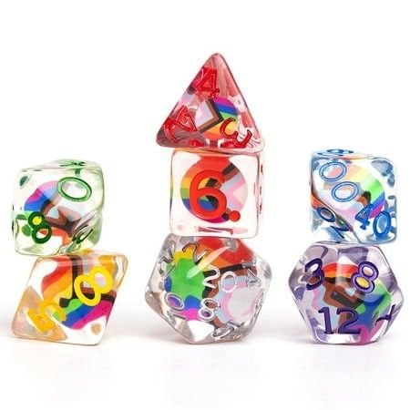 Dungeons &amp; Dragons: Dice Set - Progress Pride - 7-Piece Polyhedral RPG Clear Resin W/ Rainbow Colors