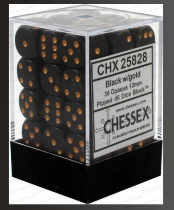 Chessex Dice: Opaque - 12mm D6 Black/Gold (36)