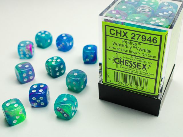 Festive Waterlily/white 12mm d6 Dice Block (36 dice)