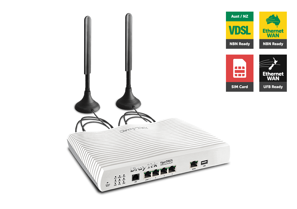Draytek Vigor2862L Multi WAN VDSL2/ADSL2+ Gigabit Firewall Router VoIP 3G/4G LTE SIM 4xGigabit LAN 32xVPN 16xVLAN 2yr wty~MOD-DV2860L