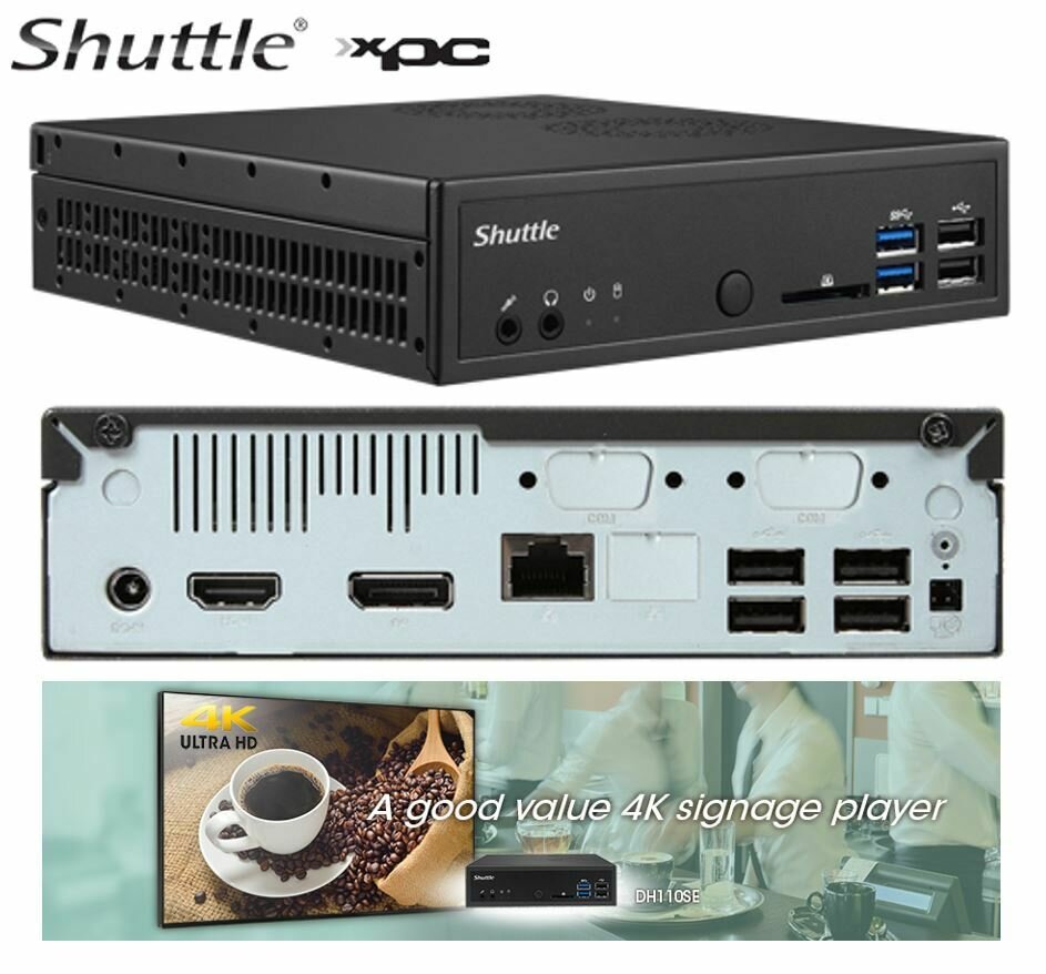 Shuttle DH110SE XPC Slim 1.3L Barebone - H110, LGA1151, 2x DDR4, 1x 2.5&#39;, 2x M.2, 4K Dual Display, DP+HDMI, 2x USB3.0+6x USB2.0, LAN,