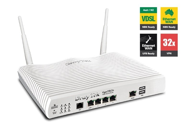 Draytek Vigor2862N Multi WAN VDSL2/ADSL2+ Gigabit Firewall Router Wireless N300 3G/4G LTE USB 4xGigabit LAN 32xVPN Tunne 16xVLAN 2 yr~MOD-DV2860N