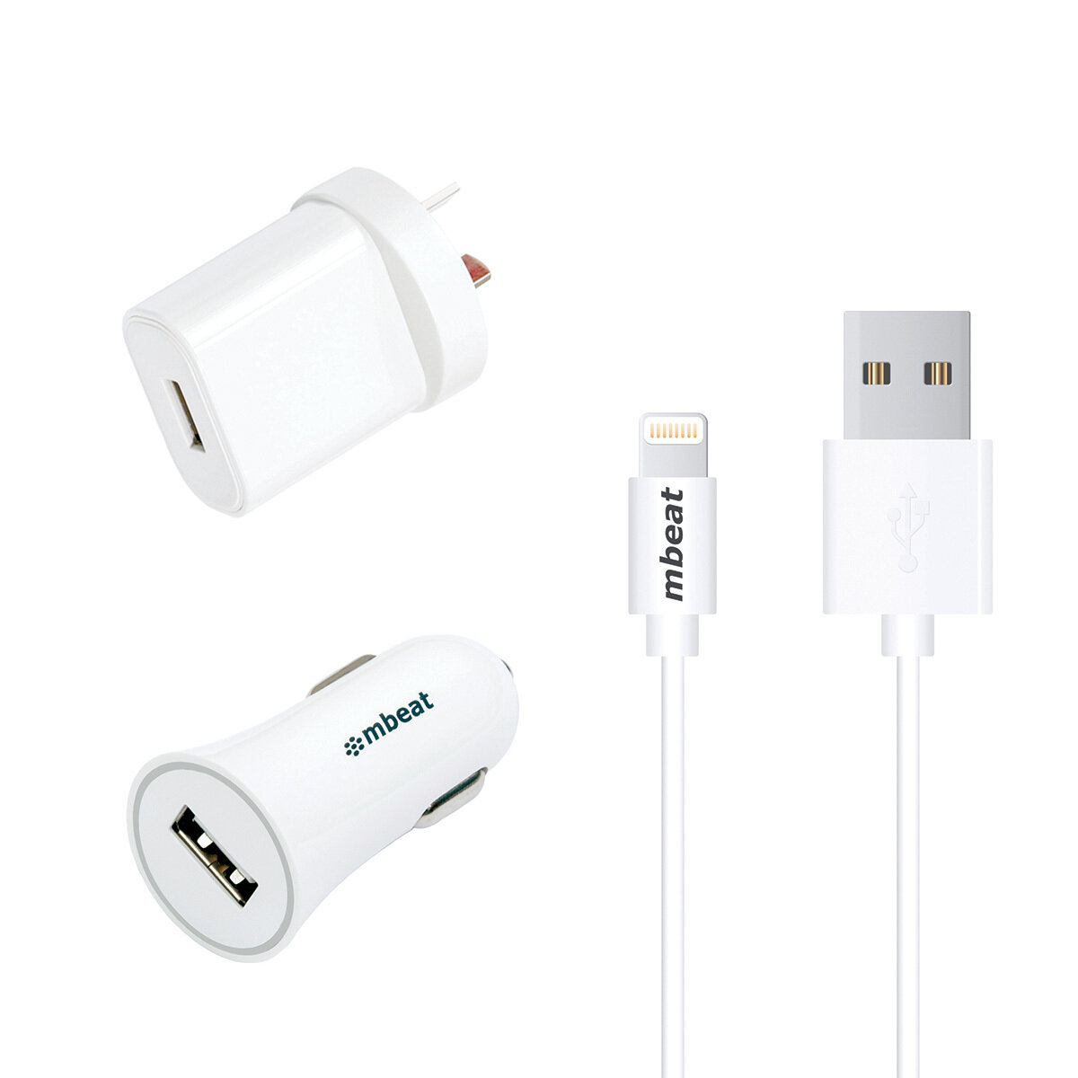 mbeat 3-in-1 MFI USB Lightning Charging Kit (1m Lighting to USB Cable + 2.1A Car &amp; Wall Charger)
