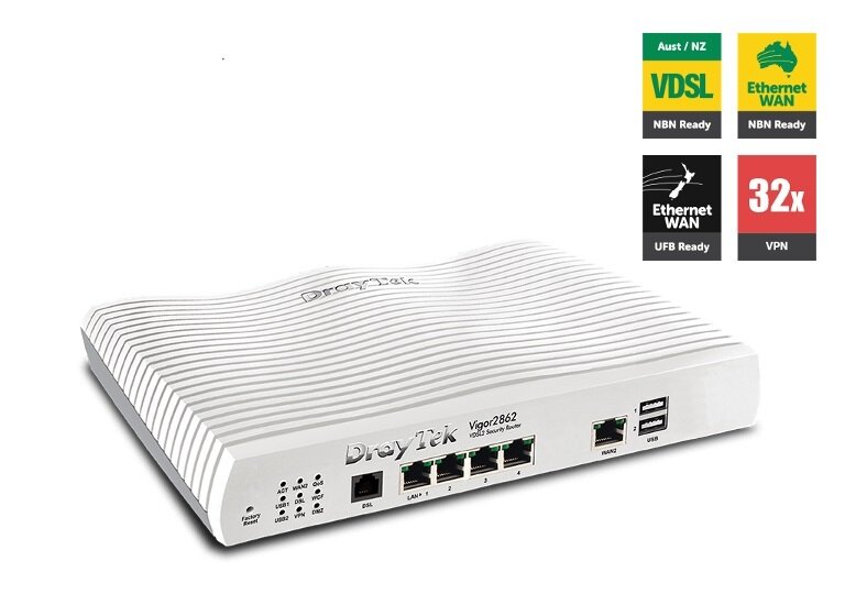 Draytek Vigor2862 Multi WAN VDSL2/ADSL2+ Gigabit Firewall Router 3G/4G LTE USB 4xGigabit LAN 32xVPN Tunne 16xVLAN 2yr wty ~MOD-DV2860