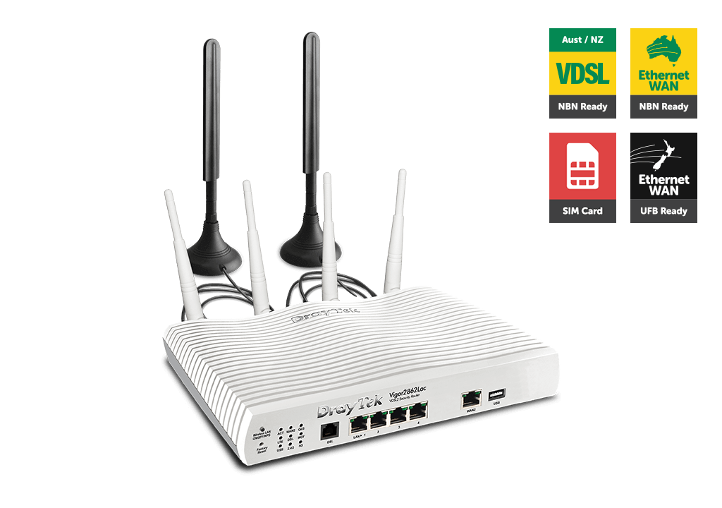 Draytek Vigor2862LAC Multi WAN VDSL2/ADSL2+ Gigabit Firewall Router VoIP Wireless AC2000 3G/4G LTE SIM 4xGigabit LAN 32xVPN 16xVLAN 2yr ~MOD-DV2860LAC