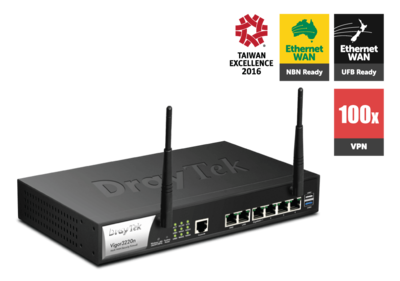 Draytek Vigor3220N Quad Gigabit Broadband Firewall QoS IPv6 Router with 1 x Giga LAN, 100 x VPNs, 50 x SSL VPNs, 11n WLAN, USB 3G/4G 2yr wty