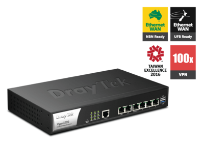 Draytek Vigor3220 Quad WAN Broadband Router with Dual USB for 3G/4G, Firewall, DMZ Port, 100x VPN, 50 x SSL VPN Tunne 2yr wty