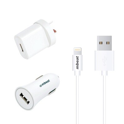 mbeat 3-in-1 MFI USB Lightning Charging Kit (1m Lighting to USB Cable + 2.1A Car &amp; Wall Charger)