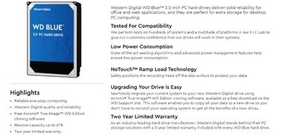 WD Blue 2TB SATA3 64MB 3.5&#39; 5400RPM 6Gb/s 256MB Cache HDD
