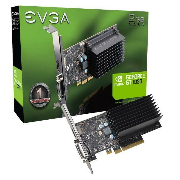 EVGA GeForce GT1030 Graphics Card, 2GB GDDR4, PCIE, Low Profile, Passive Cooling, DVI-D, HDMI, Max 2 Ouputs