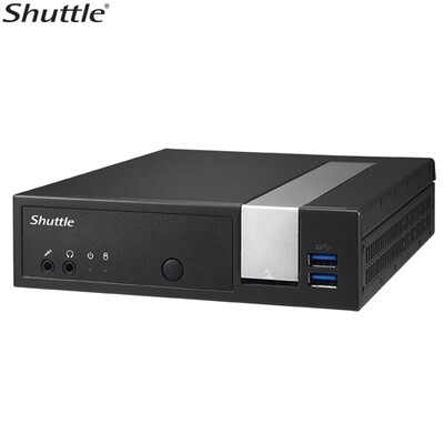Shuttle DX30 Slim Mini PC 1.3L - Fanless 4K 3xDisplays Celeron J3355 2xDDR3L SODIMM 2.5&#39; M.2 HDMI DP 2x RS232 GbE LAN WoL WiFi VESA 24/7 2xUSB3 4xUSB2