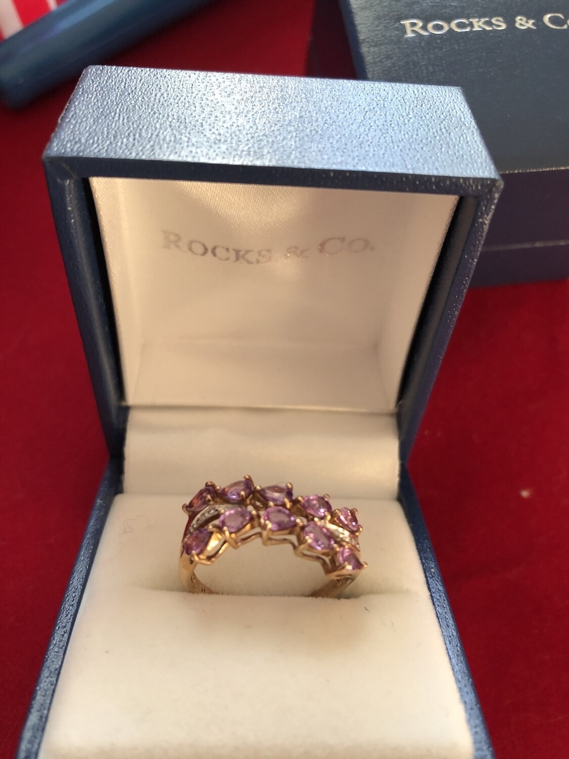 9k Gold Sapphire & Diamond Ring - 10 Beautiful Pink Sapphires and 4 Small Diamonds (Size L)