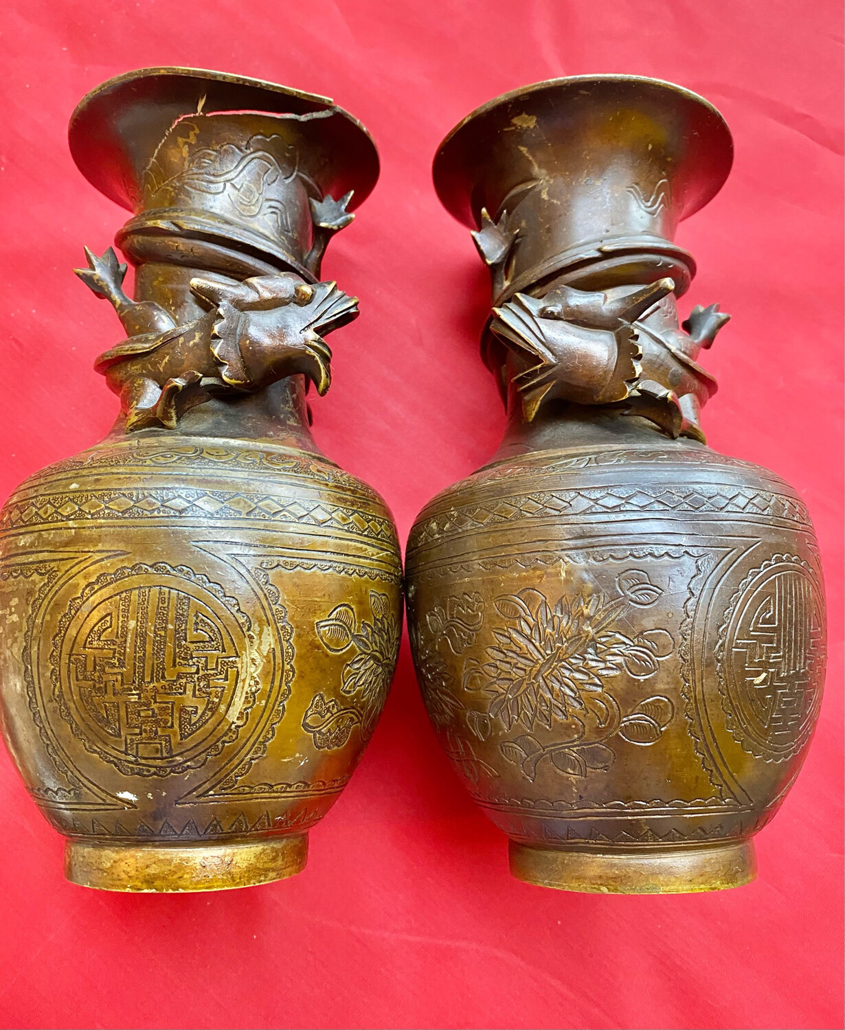 Pair Of Antique Chinese Vases In Brass With A Lacquer - Slight Damage