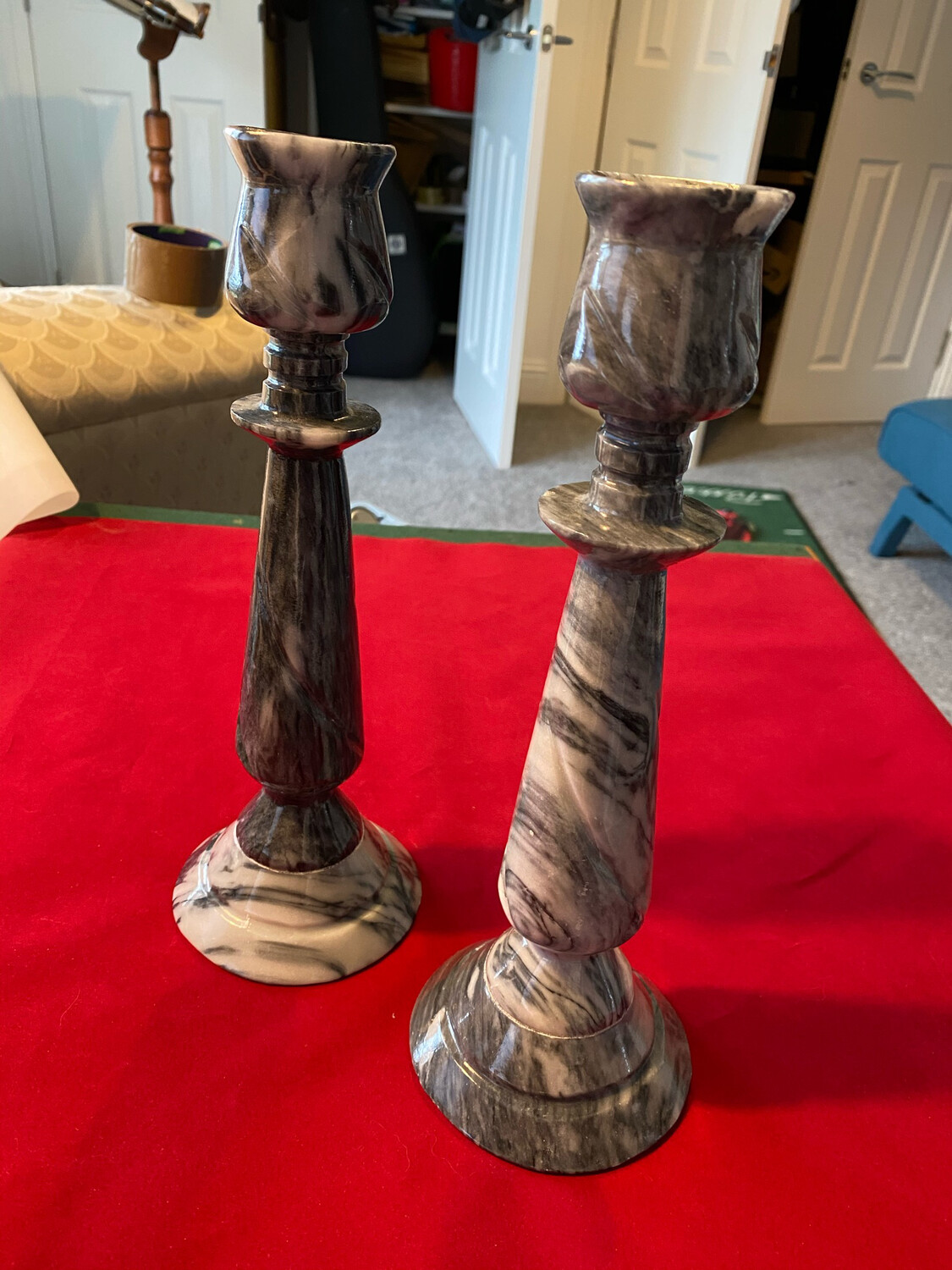 Pair of very unusual vintage Grey marbled Onyx Candlesticks