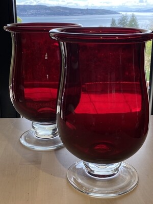 Stunning Pair of Cranberry Roll Lipped Vases