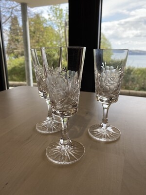 Lovely Set of 3 Cut and Etched Sherry Glasses