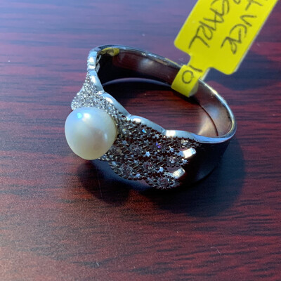 Silver with Cubic Zirconia and artificial Pearl Dress Ring in fretwork style to the shoulders - size Q
