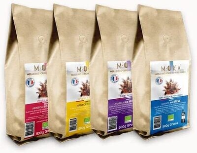 MOKA - 4 cafés grains Bio en sachets de 500 grammes - 1 Mexique - 1 Brésil - 1 Pérou - 1 Honduras