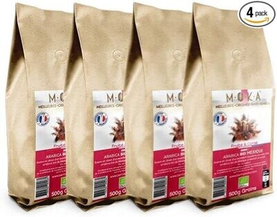 MOKA - 2 kg de Café Grains 100% Arabica Bio du Mexique - 4 X 500 grammes - 100% Recyclable