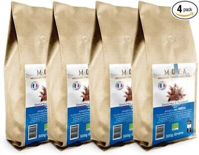 MOKA - 2 kg de Café Grains 100% Arabica Bio du Brésil - 4 x 500 grammes - 100% Recyclable