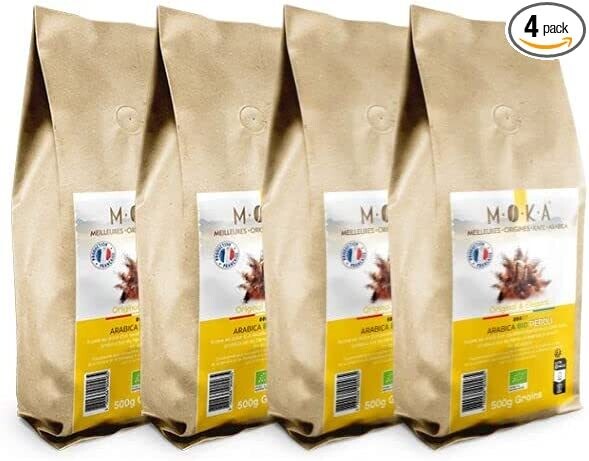 MOKA - 2 kg de Café Grains 100% Arabica Bio du Pérou - 4 X 500 grammes - 100% Recyclable