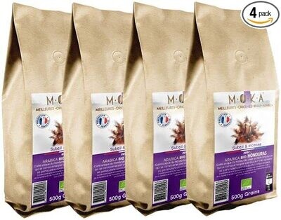 MOKA - 2 kg de Café Grains 100% Arabica Bio du Honduras - 4 X 500 grammes - 100% Recyclable