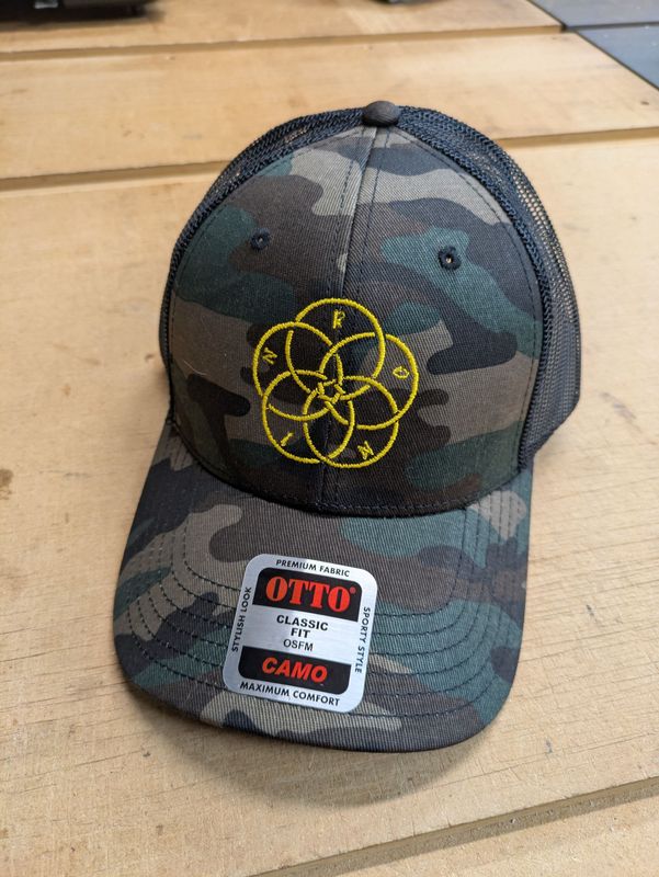 5 Rings Logo Trucker Snap Back Hat - Camo front with black mesh back with 5 Rings logo