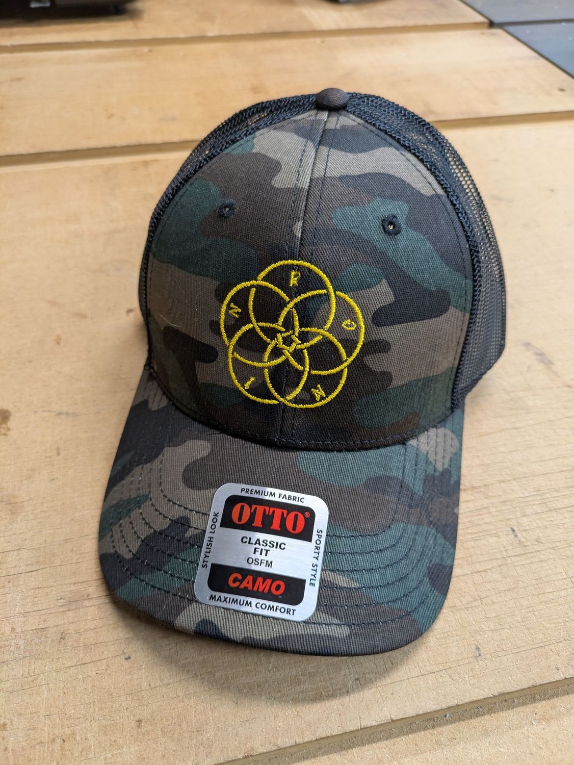 5 Rings Logo Trucker Snap Back Hat - Camo front with black mesh back with 5 Rings logo 5 Rings Logo Trucker Snap Back Hat - Camo front with black mesh back with 5 Rings logo