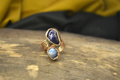 Pierścień miedziany z opalitem oraz lapis lazuli  – regulowany