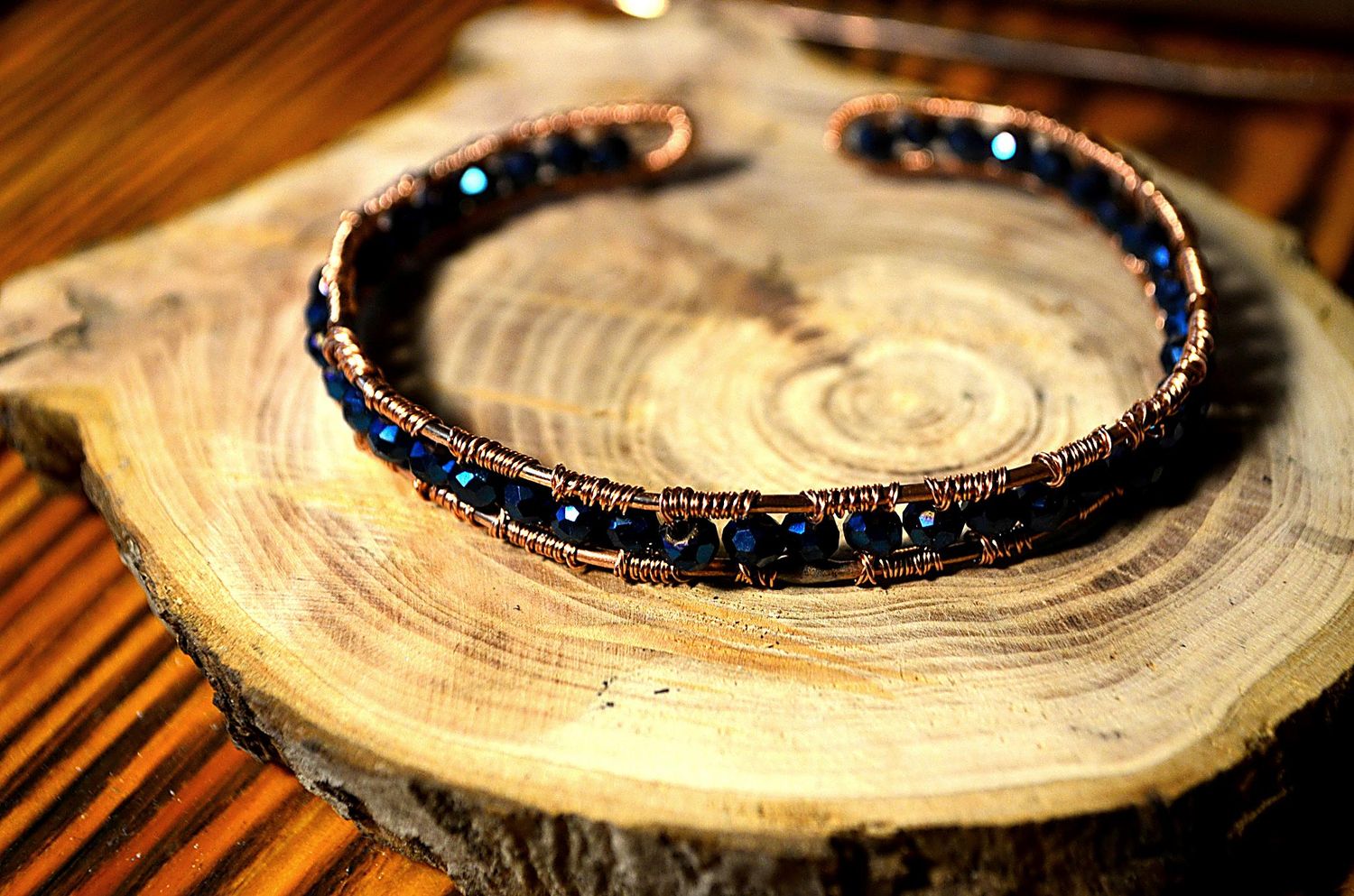 bransoleta z miedzi i szkła -fiolet