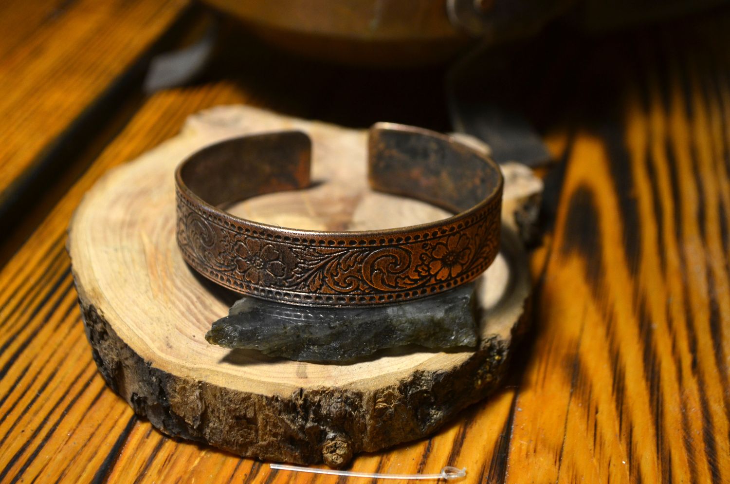 Bransoleta miedziana handmade z motywami natury
