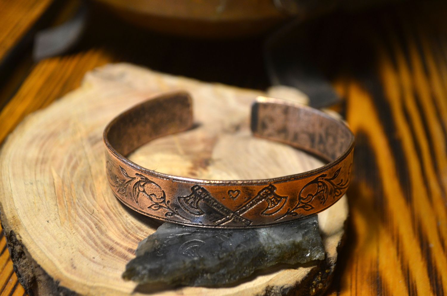 Bransoleta miedziana handmade z motywami natury