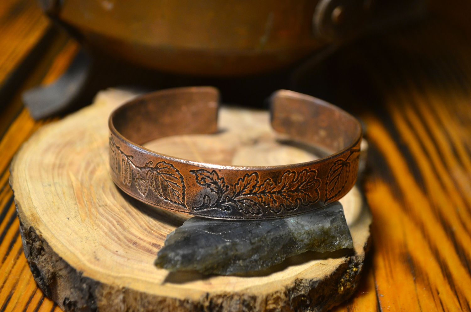 Bransoleta miedziana handmade z motywami natury