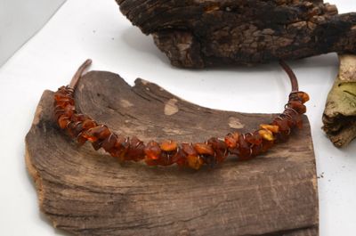 Miedziana opaska do włosów z bursztynem bałtyckim – kuta, wire wrapping, handmade